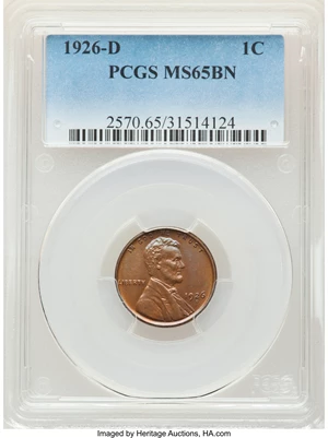 image for: 1926-D 1C MS65 Brown PCGS. PCGS Population: (12/0). NGC Census: (11/2). CDN: $500 Whsle. Bid for NGC/PCGS MS65. Mintage 28,...