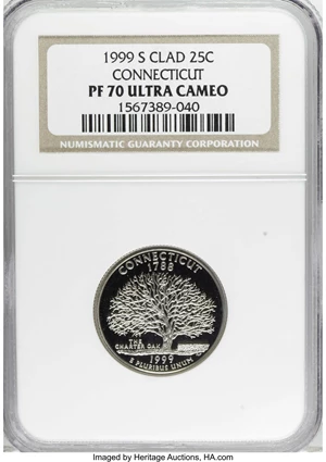 image for: 1999-S 25C Connecticut Clad PR70 Deep Cameo NGC. NGC Census: (0/0). PCGS Population (53/0). Numismedia Wsl. Price for NGC/...