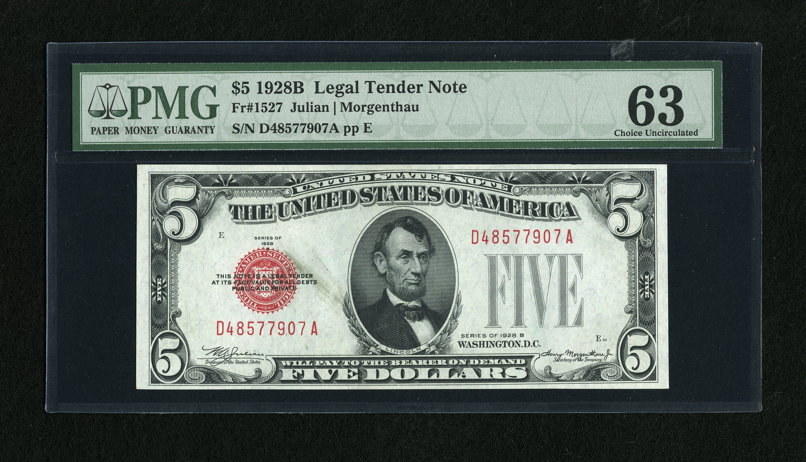 image for: Fr. 1527 $5 1928B Legal Tender Note. PMG Choice Uncirculated 63.Embossing is exhibited by this $5. There is ink smearing t...