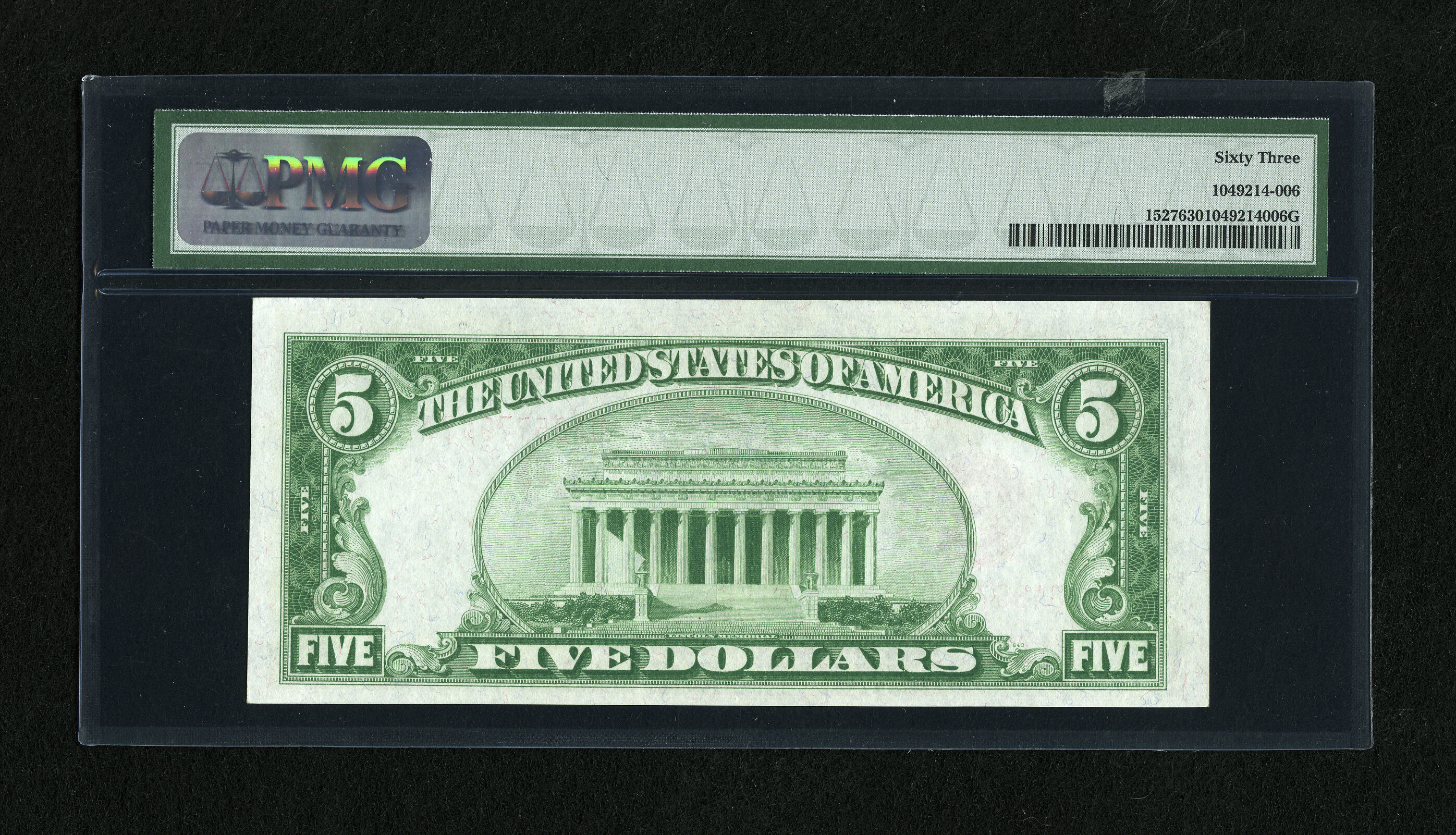 image for: Fr. 1527 $5 1928B Legal Tender Note. PMG Choice Uncirculated 63.Embossing is exhibited by this $5. There is ink smearing t...