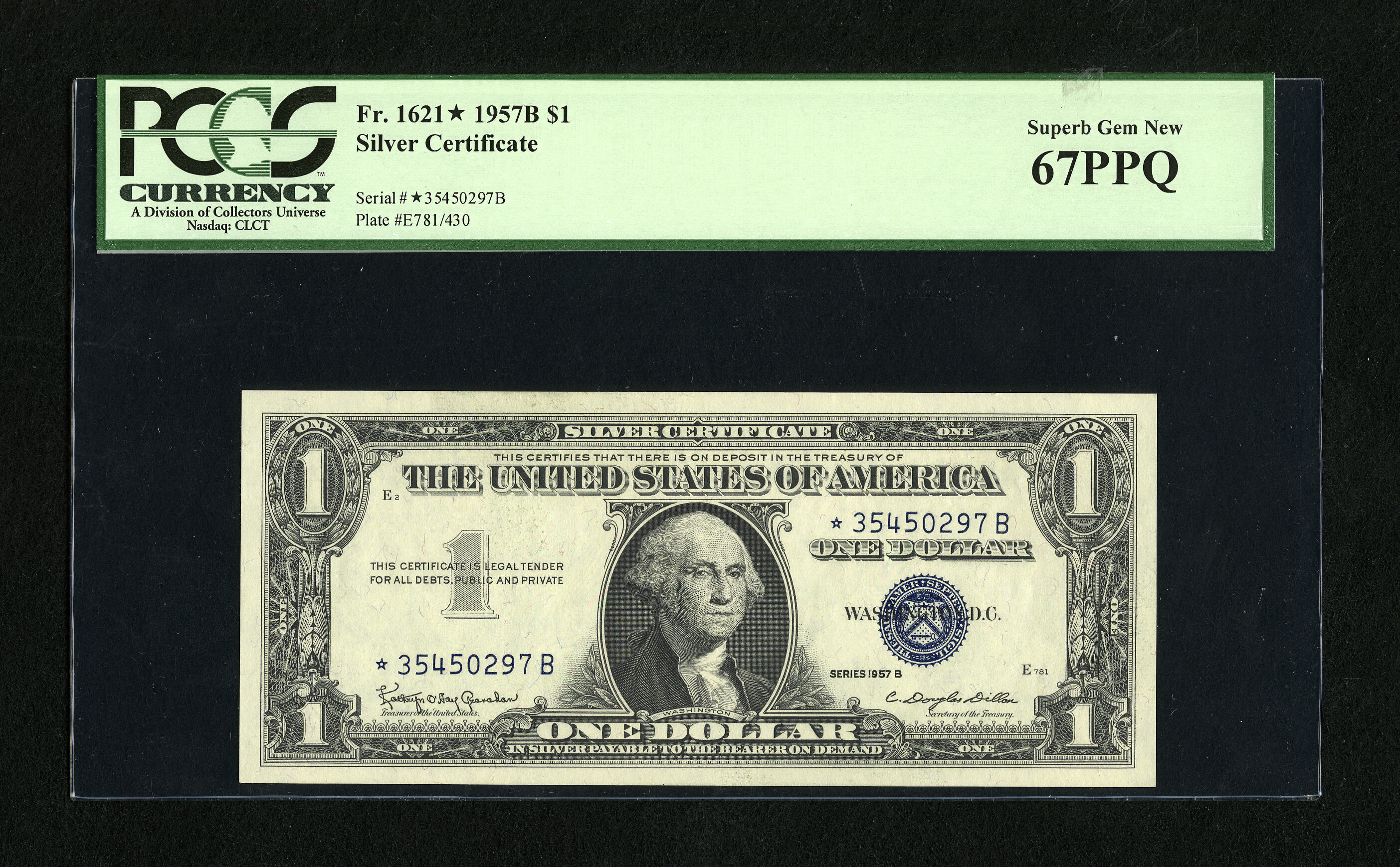 image for: Fr. 1621* $1 1957B Silver Certificate Star. PCGS Superb Gem New 67PPQ.Embossing and bountiful margins are merits of this S...