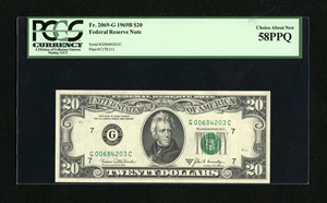 image for: Fr. 2069-G $20 1969B Federal Reserve Note. PCGS Choice About New 58PPQ.Purely uncirculated examples are tough for this low...