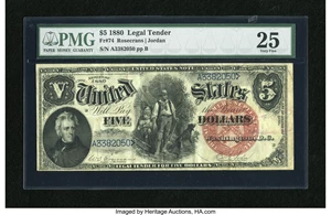 image for: Fr. 74 $5 1880 Legal Tender PMG Very Fine 25. The color is strong and this example of the Rosecrans-Jordan $5 1880 Legal Ten...