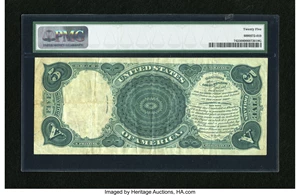 image for: Fr. 74 $5 1880 Legal Tender PMG Very Fine 25. The color is strong and this example of the Rosecrans-Jordan $5 1880 Legal Ten...