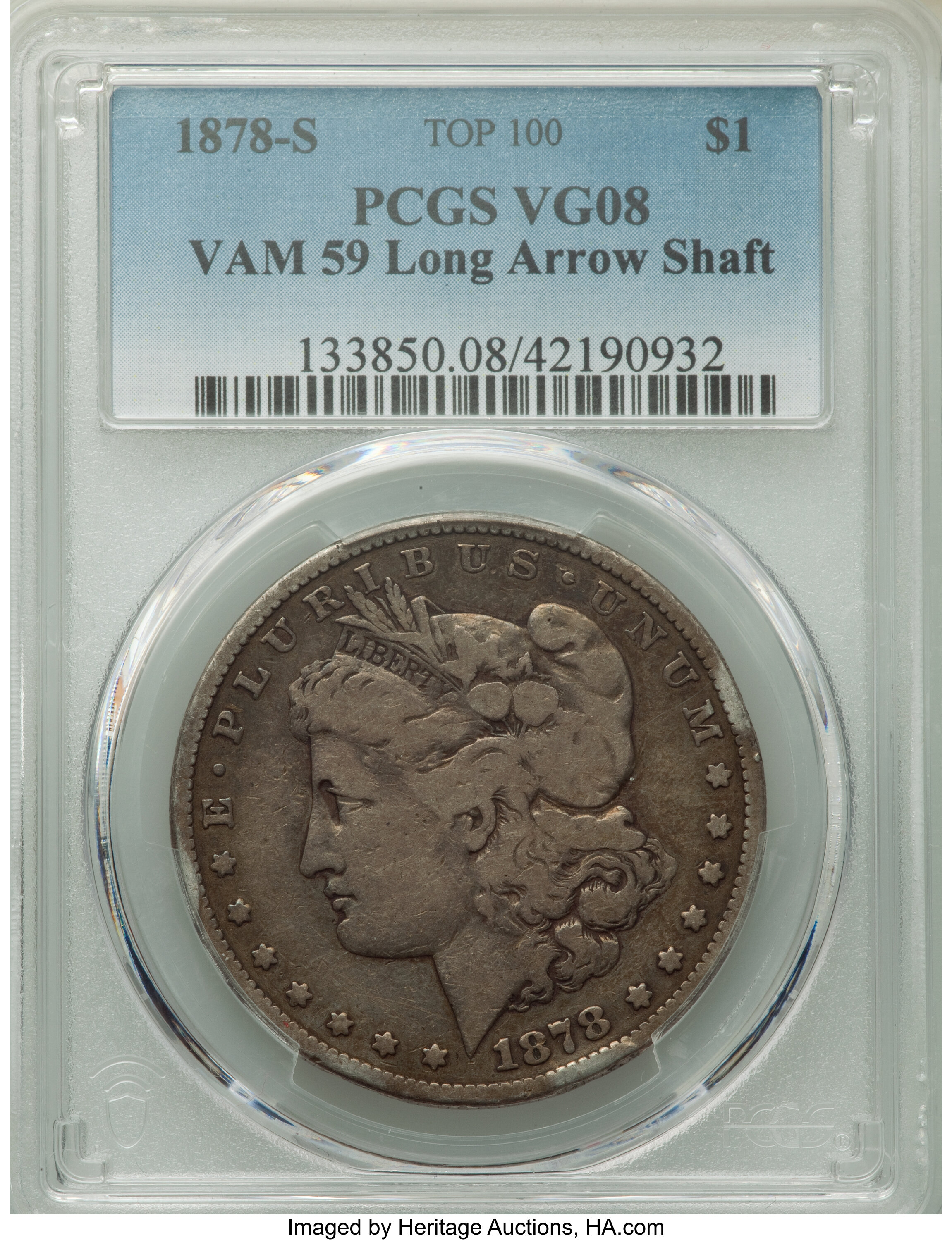 image for: 1878 $1 Long Arrow Shaft, VAM-59, VG8 PCGS. A Top 100 Variety. PCGS Population: (4/41). NGC Census: (0/0). CDN: $85 Whsle. ...