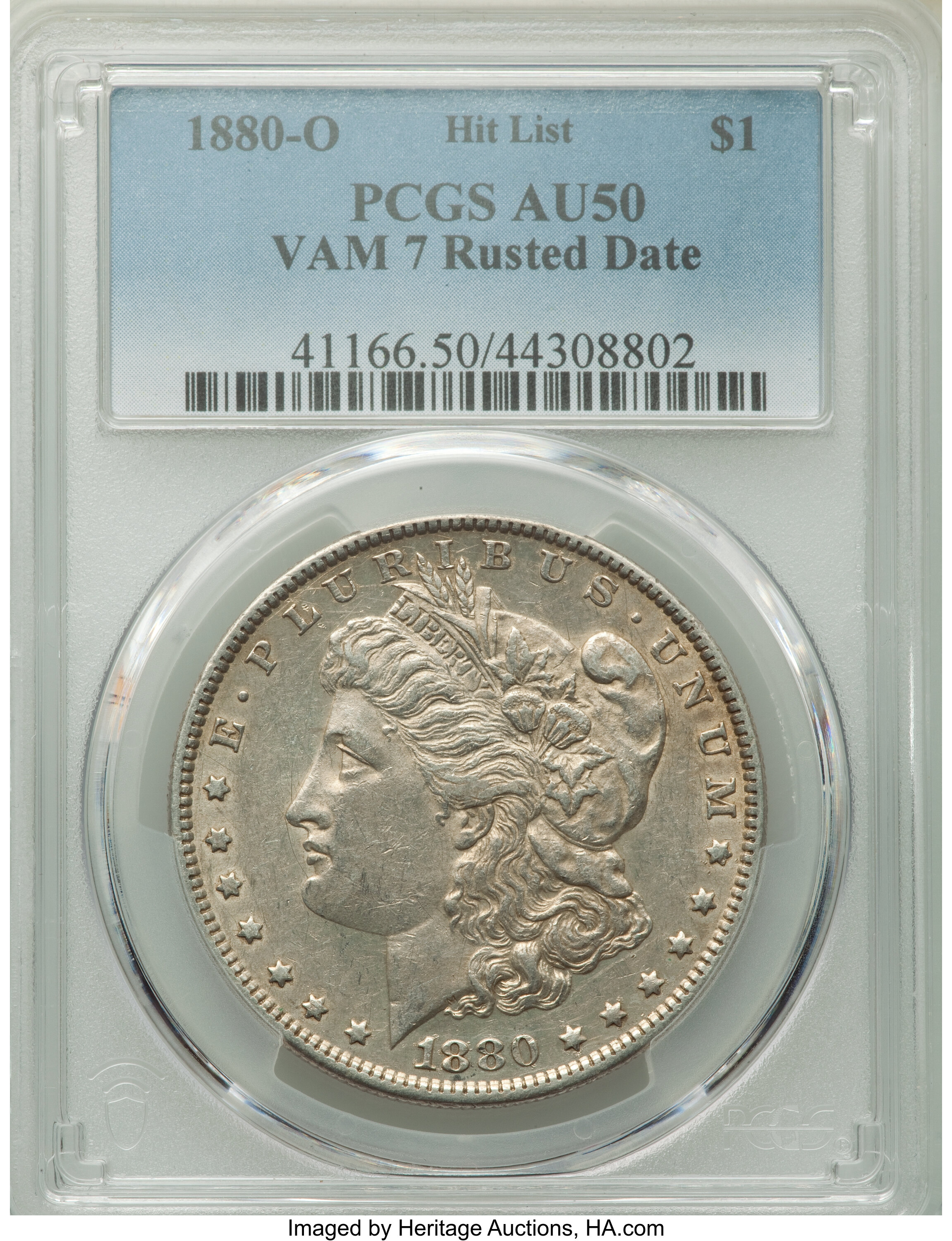 image for: 1880-O $1 Rusted Date, VAM-7, AU50 PCGS. Hit List. PCGS Population: (5/110). NGC Census: (0/0). AU50. ...
