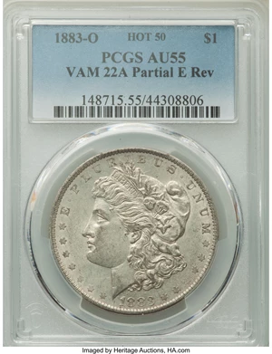 image for: 1883-O $1 Partial E on Reverse, VAM-22A, Hot 50, AU55 PCGS. PCGS Population: (5/83). NGC Census: (0/0). AU55. ...
