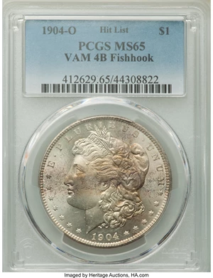 image for: 1904-O $1 VAM-4B, Fish Hook, MS65 PCGS. A Hit List Variety. PCGS Population: (27/5). NGC Census: (0/0). CDN: $440 Whsle. Bi...