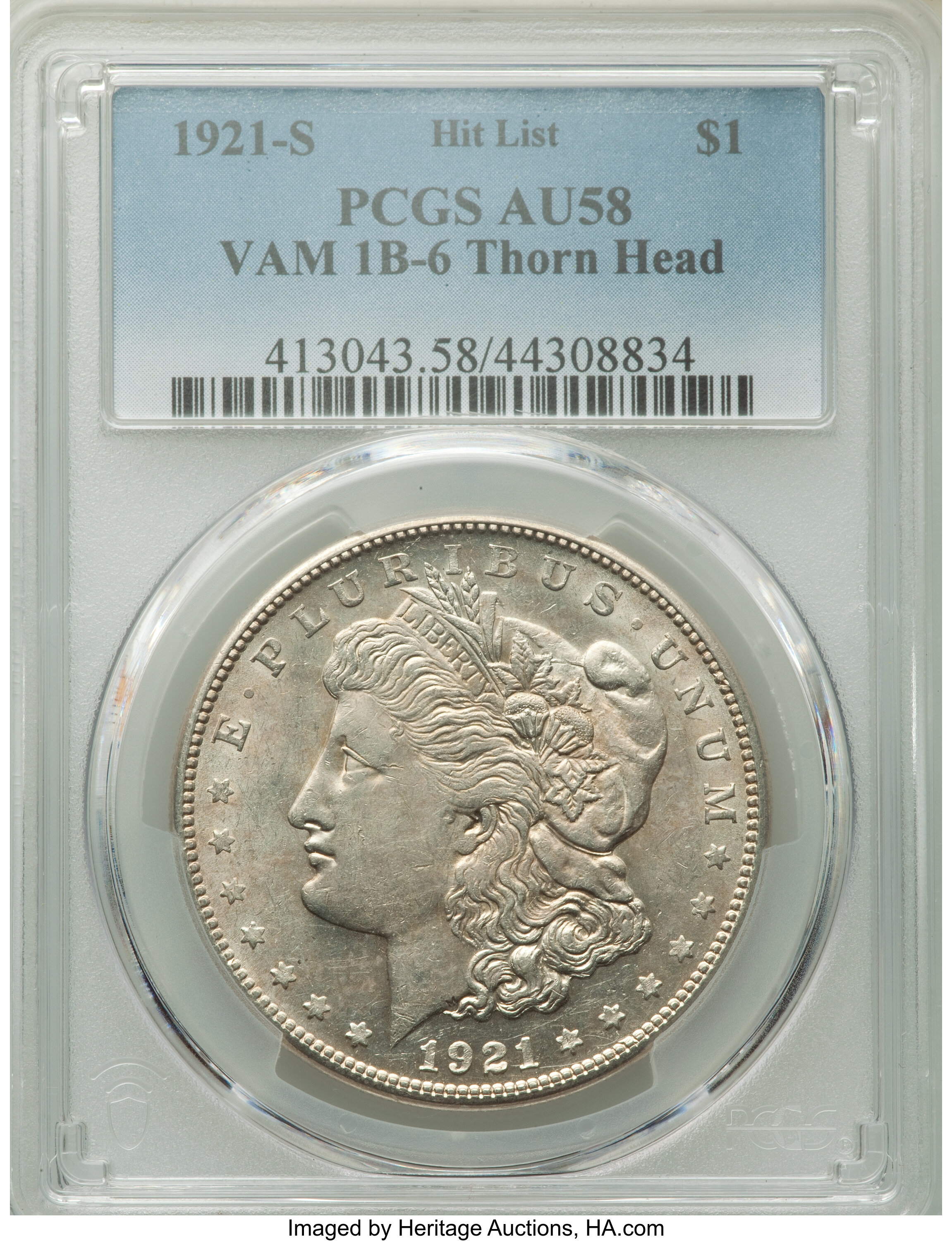 image for: 1921-S $1 Thorn Head, VAM-1B6, AU58 PCGS. Hit List. PCGS Population: (20/54). NGC Census: (0/0). AU58. ...