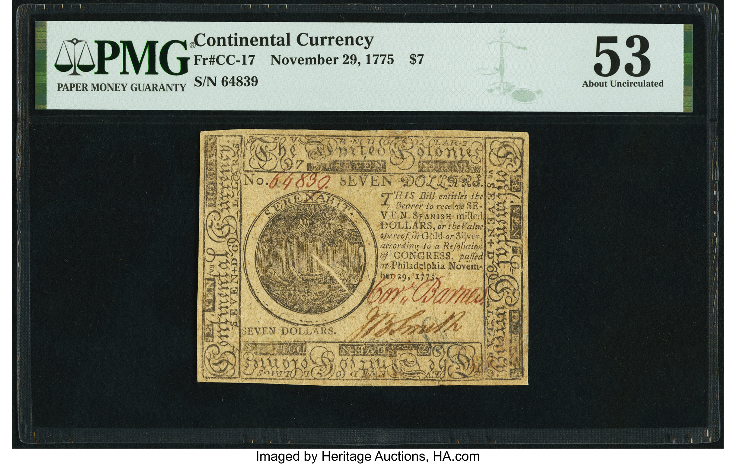 image for: Obstruction Printing Error Continental Currency November 29, 1775 $7 PMG About Uncirculated 53....