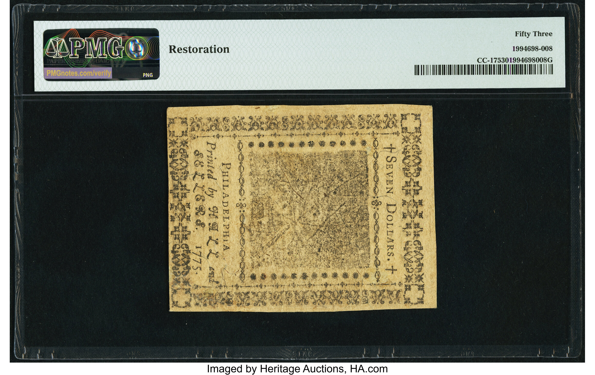 image for: Obstruction Printing Error Continental Currency November 29, 1775 $7 PMG About Uncirculated 53....