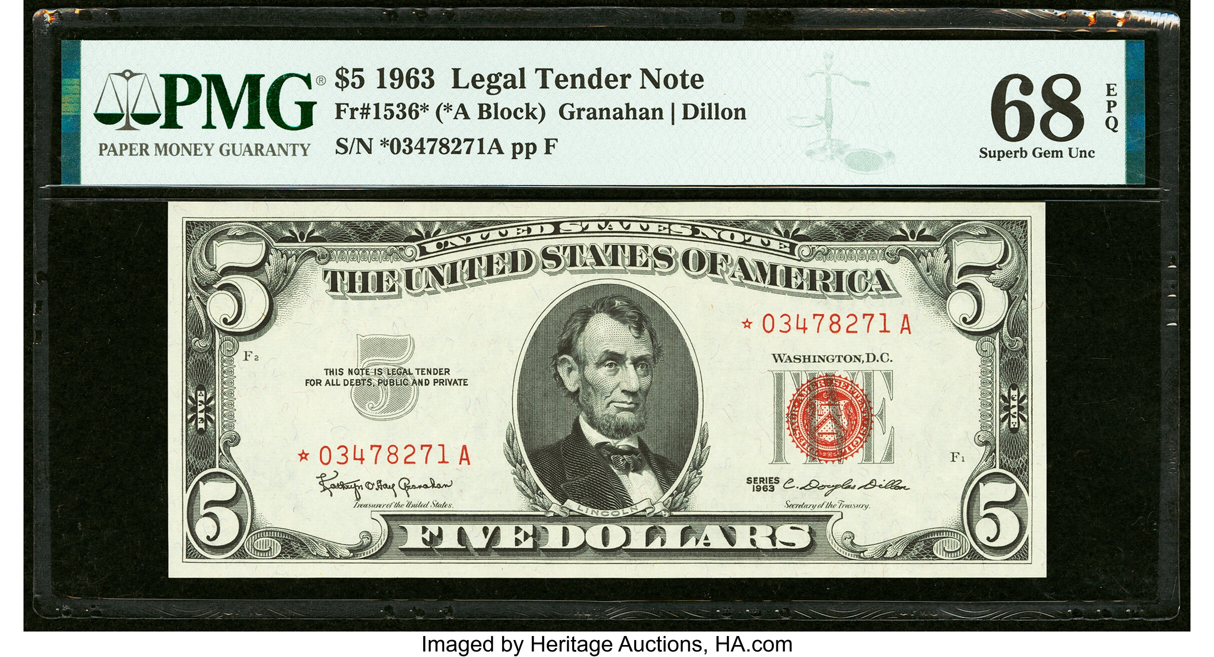 image for: Fr. 1536* $5 1963 Legal Tender Note. PMG Superb Gem Unc 68 EPQ....