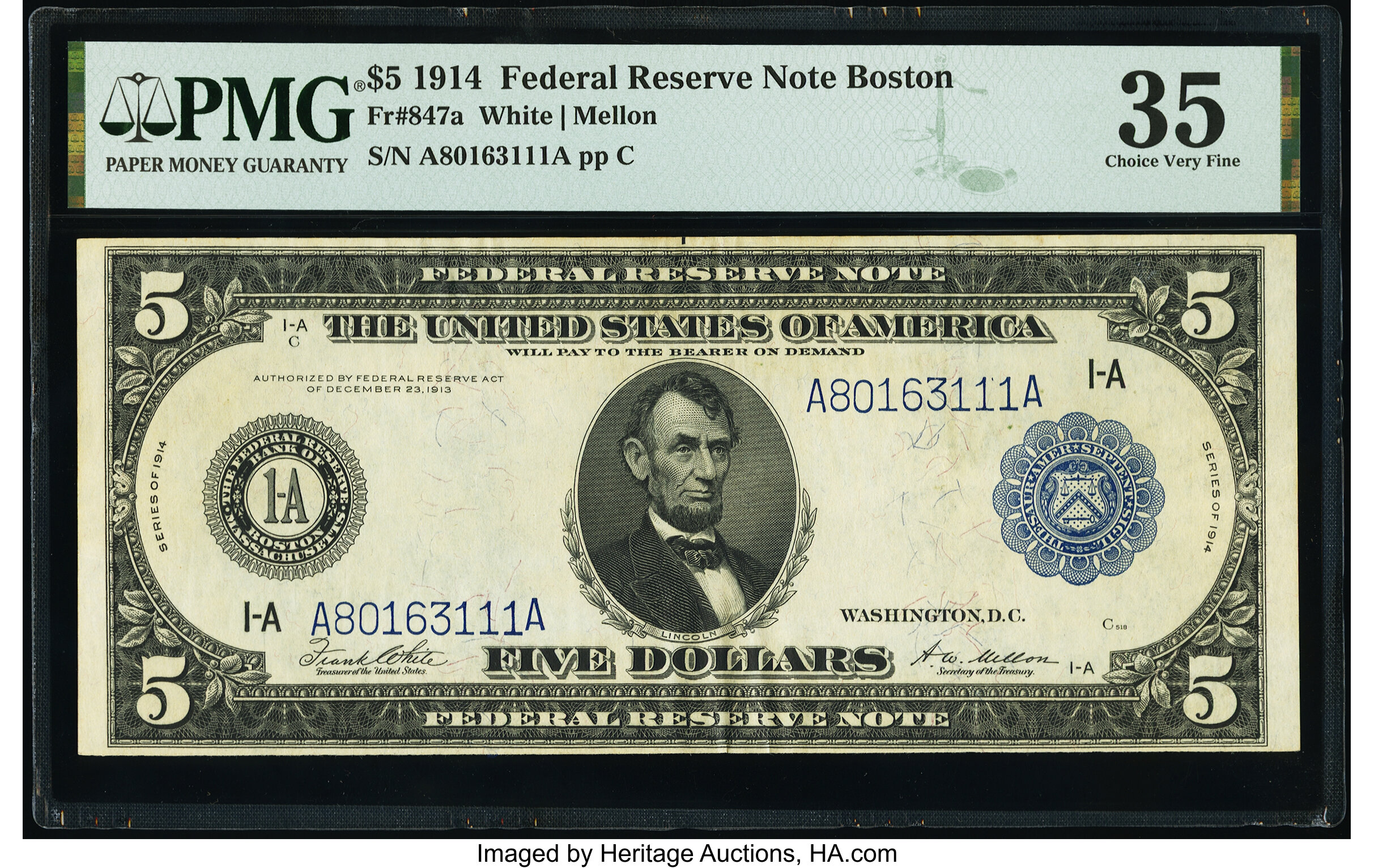 image for: Fr. 847a $5 1914 Federal Reserve Note PMG Choice Very Fine 35....