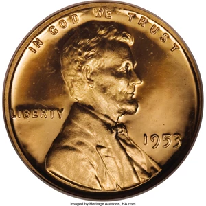 image for: 1953 1C PR67 Red Ultra Cameo NGC. Fantastic field-motif contrast jumps out at the viewer, and copper-orange color adorns bo...
