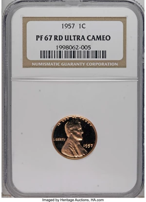 image for: 1957 1C PR67 Red Ultra Cameo NGC. The radiant devices exhibit exemplary contrast with the glassy fields. Virtually void of ...