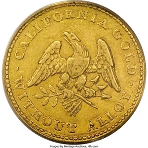 image for: 1849 $5 Norris, Gregg, & Norris Five Dollar, Plain Edge AU55 PCGS. K-2, R.5. This rare variety has the period after ALLOY, ...