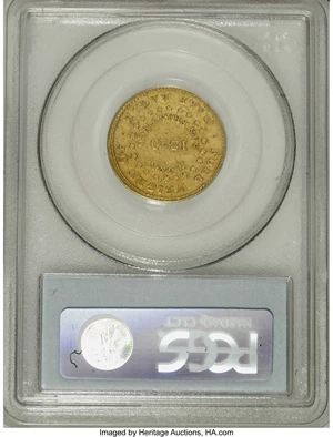 image for: 1849 $5 Norris, Gregg, & Norris Five Dollar, Plain Edge AU55 PCGS. K-2, R.5. This rare variety has the period after ALLOY, ...