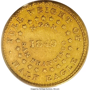 image for: 1849 $5 Norris, Gregg, & Norris Five Dollar, Plain Edge AU55 PCGS. K-2, R.5. This rare variety has the period after ALLOY, ...