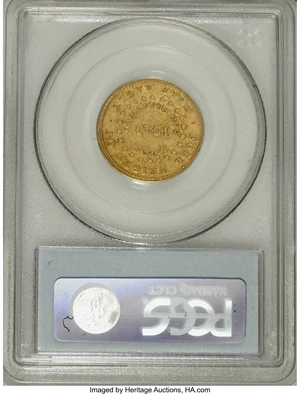 image for: 1849 $5 Norris, Gregg, & Norris Five Dollar, Plain Edge AU55 PCGS. K-2, R.5. This rare variety has the period after ALLOY, ...