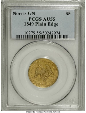 image for: 1849 $5 Norris, Gregg, & Norris Five Dollar, Plain Edge AU55 PCGS. K-2, R.5. This rare variety has the period after ALLOY, ...
