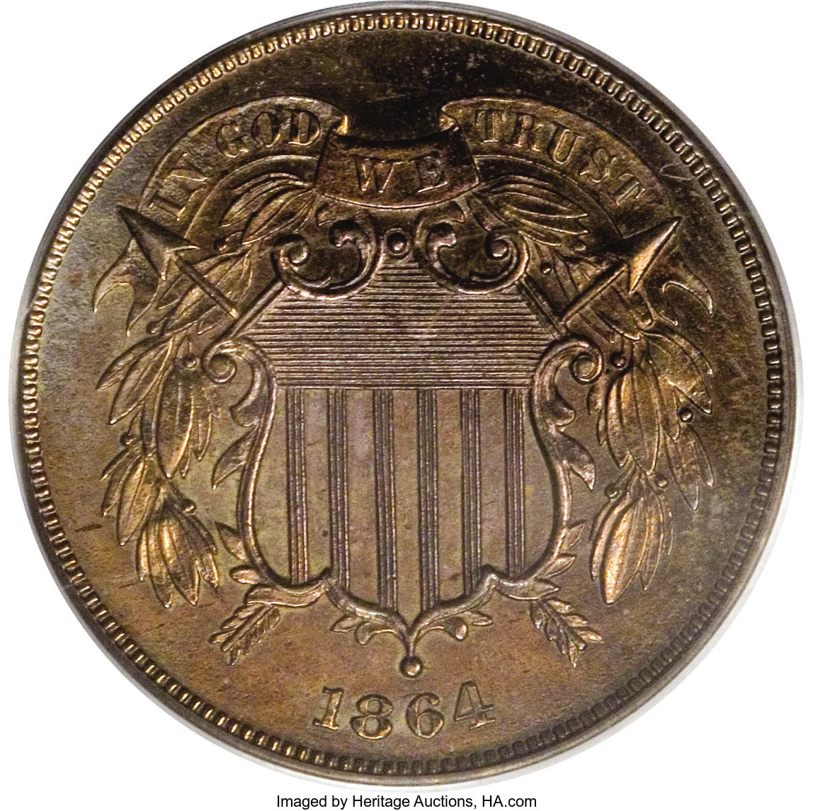 image for: 1864 2C Two Cents, Judd-371, Pollock-440, R.6, PR63 PCGS. Struck with the regular Large Motto two cent piece dies, but the ...