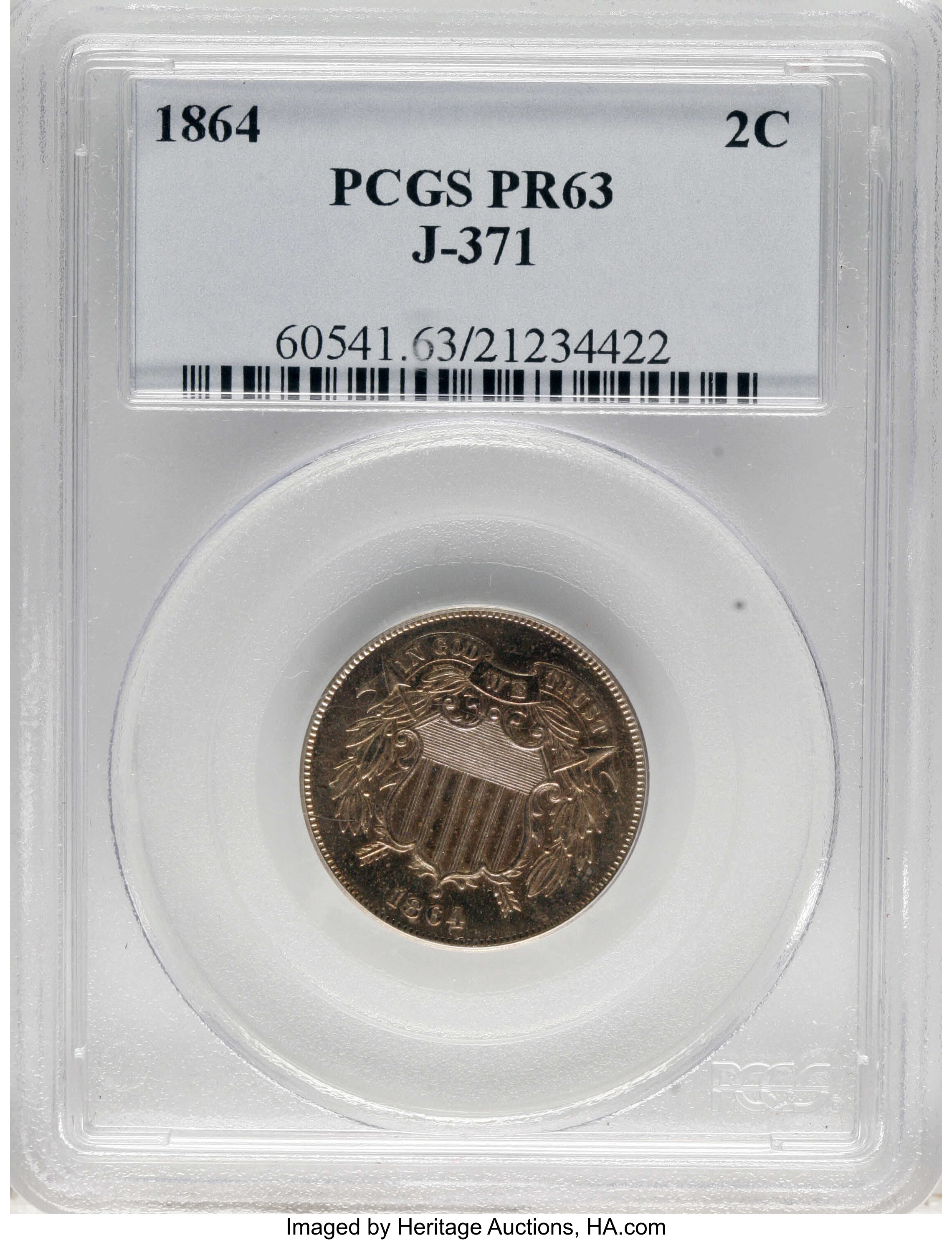 image for: 1864 2C Two Cents, Judd-371, Pollock-440, R.6, PR63 PCGS. Struck with the regular Large Motto two cent piece dies, but the ...