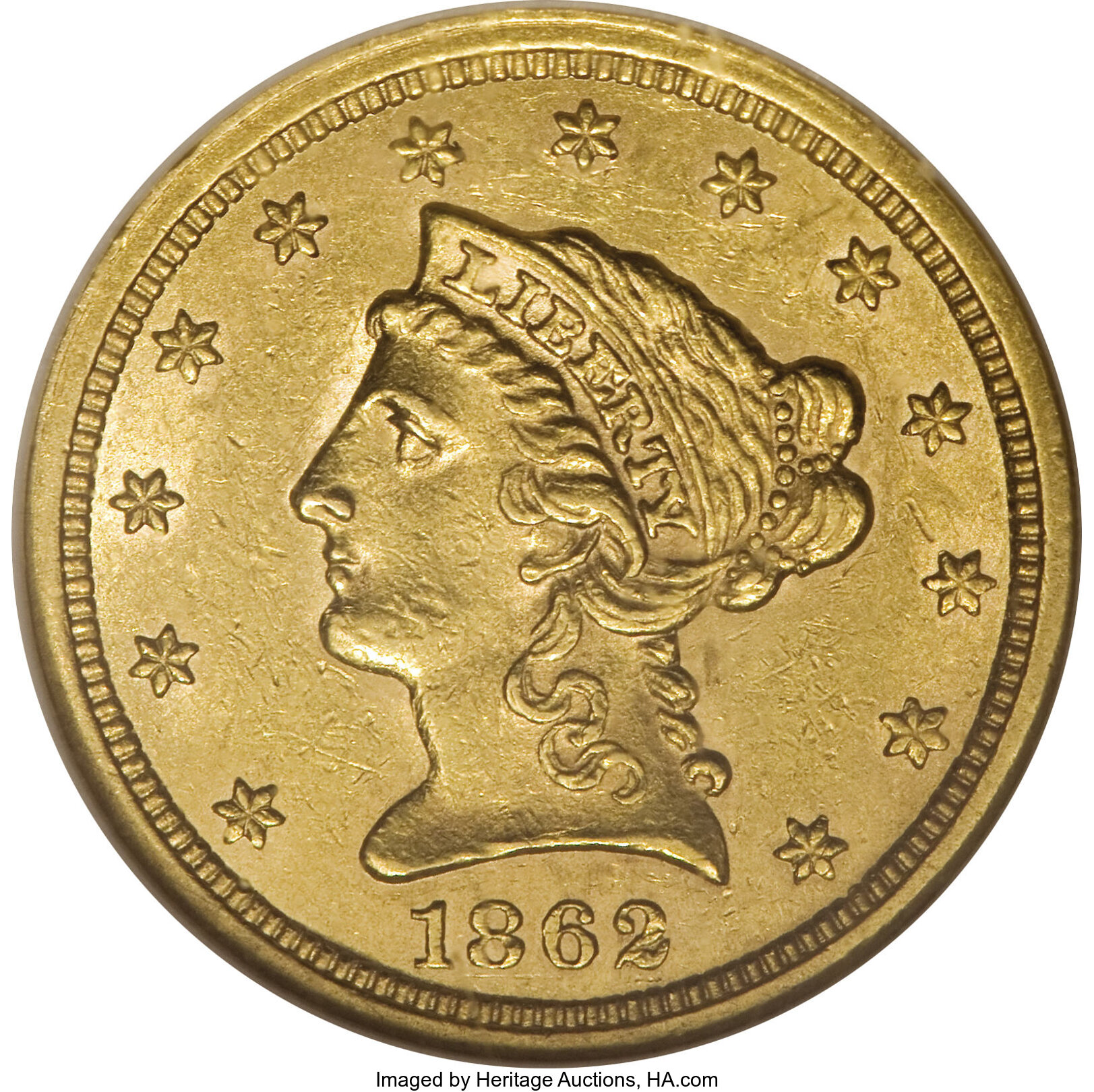 image for: 1862/1 $2 1/2 MS60 NGC. FS-002. Well struck and lustrous, with the underdigit clearly visible under low magnification. Plea...