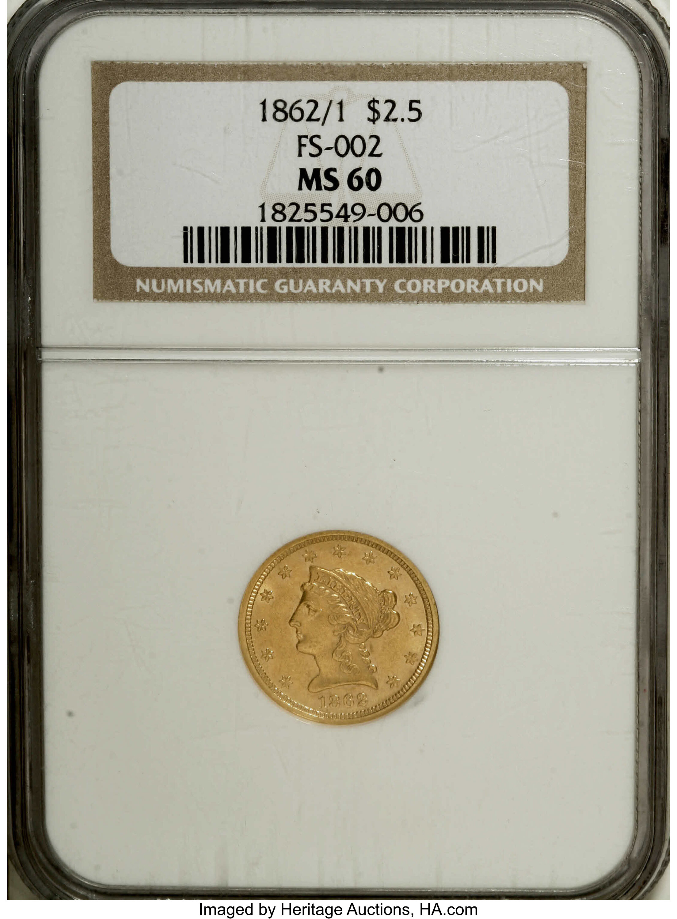 image for: 1862/1 $2 1/2 MS60 NGC. FS-002. Well struck and lustrous, with the underdigit clearly visible under low magnification. Plea...