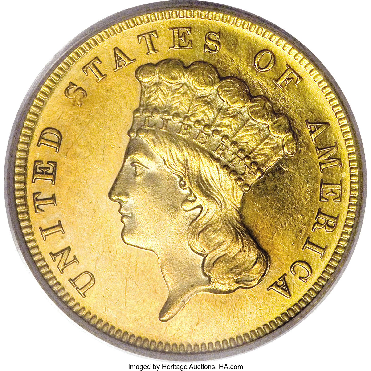 image for: 1887 $3 PR62 Cameo PCGS. The 1887 three dollar saw 160 proofs. This PR62 example displays profound Cameo contrast and sharp...