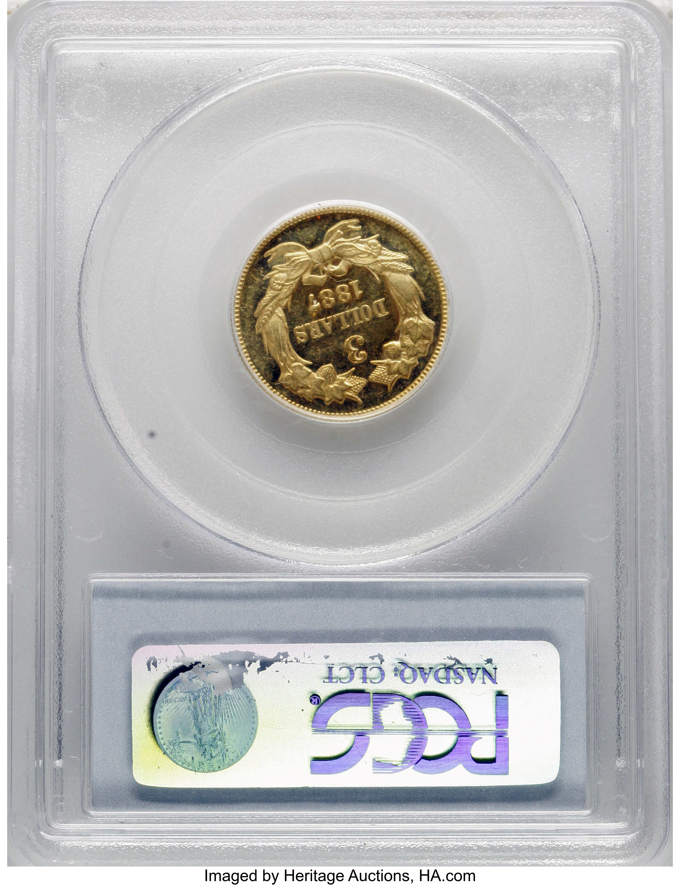 image for: 1887 $3 PR62 Cameo PCGS. The 1887 three dollar saw 160 proofs. This PR62 example displays profound Cameo contrast and sharp...