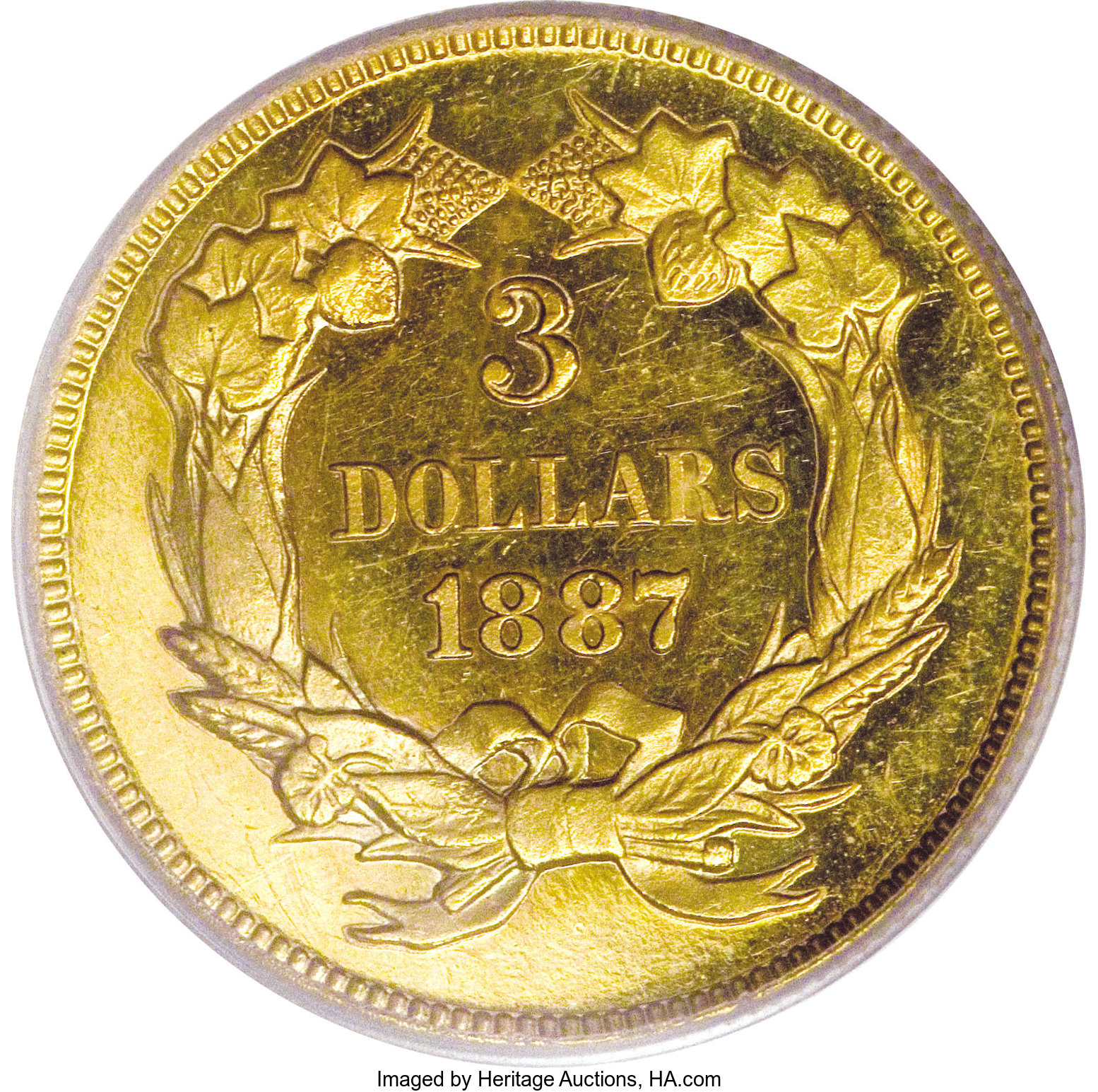 image for: 1887 $3 PR62 Cameo PCGS. The 1887 three dollar saw 160 proofs. This PR62 example displays profound Cameo contrast and sharp...