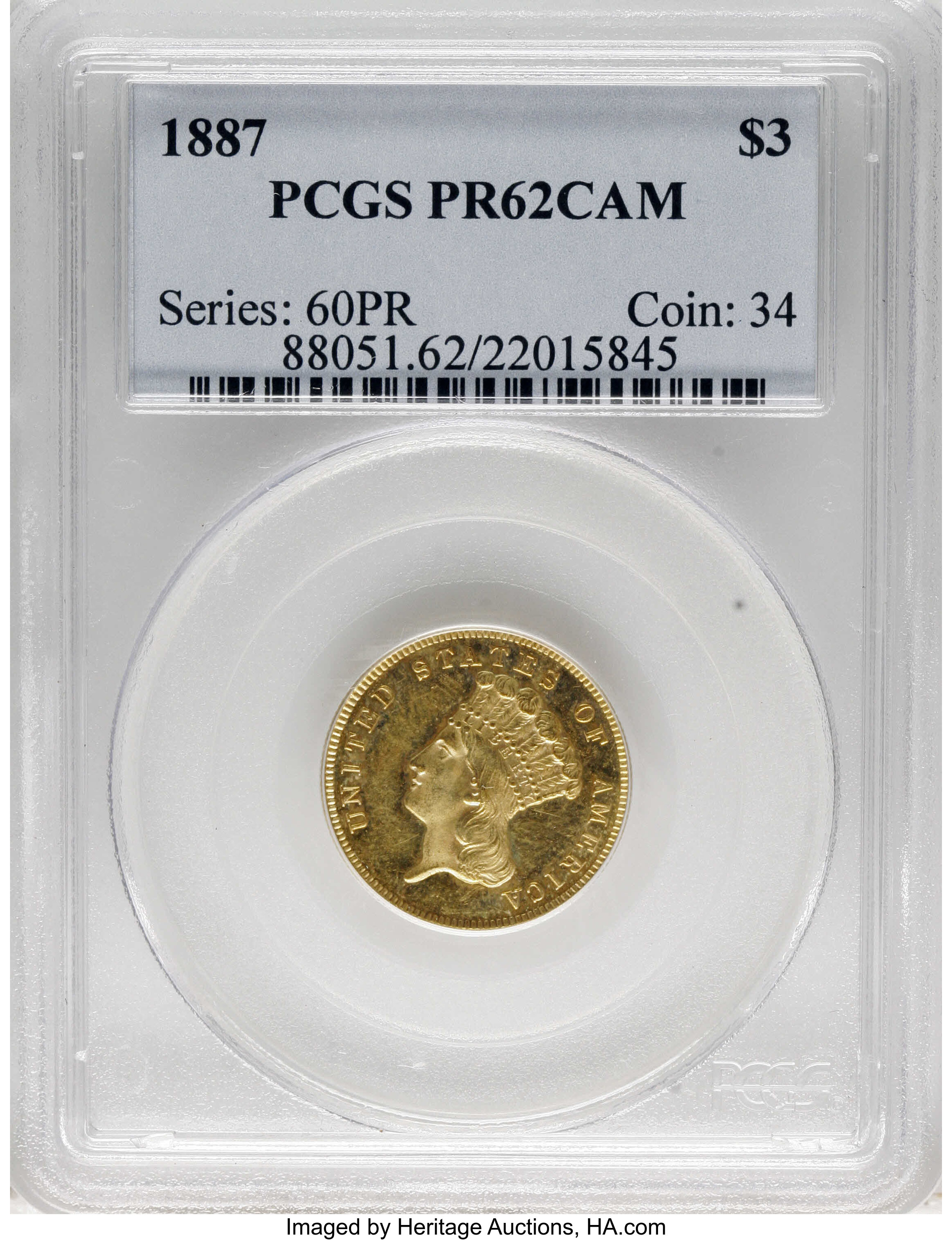 image for: 1887 $3 PR62 Cameo PCGS. The 1887 three dollar saw 160 proofs. This PR62 example displays profound Cameo contrast and sharp...
