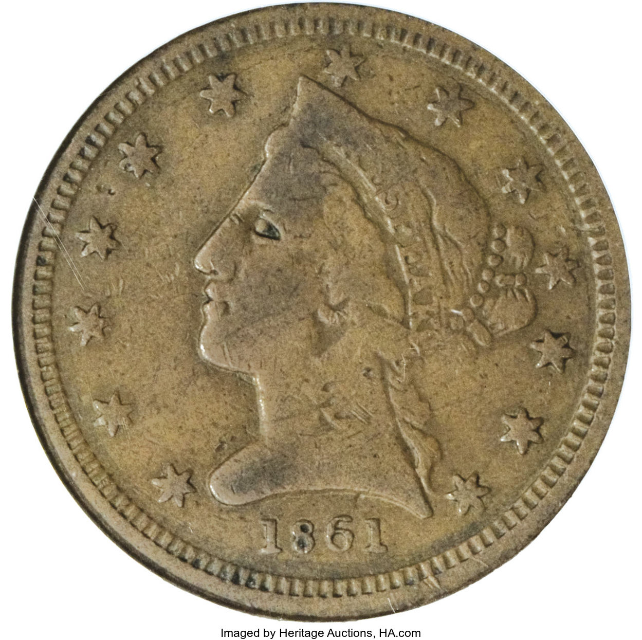 image for: 1861 $5 Clark, Gruber $5 Copper Die Trial VF30 NGC. K-10c, R.7. Struck in copper with a reeded edge. Die trials are known f...