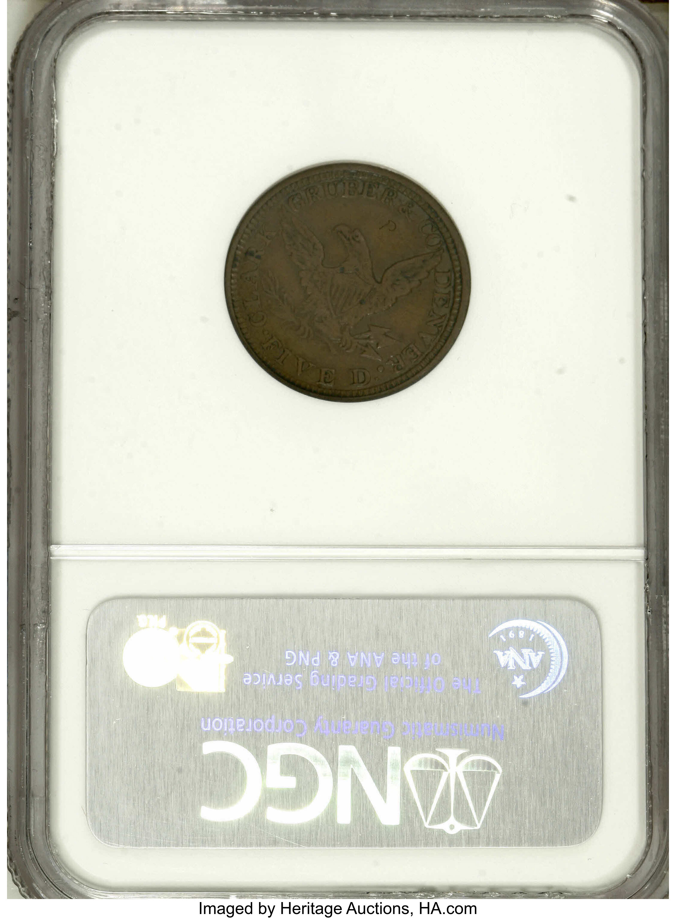 image for: 1861 $5 Clark, Gruber $5 Copper Die Trial VF30 NGC. K-10c, R.7. Struck in copper with a reeded edge. Die trials are known f...