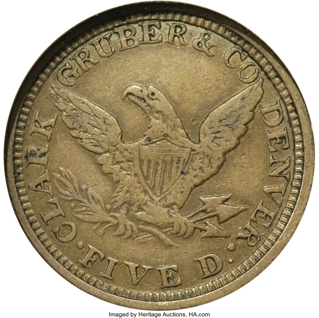 image for: 1861 $5 Clark, Gruber $5 Copper Die Trial VF30 NGC. K-10c, R.7. Struck in copper with a reeded edge. Die trials are known f...