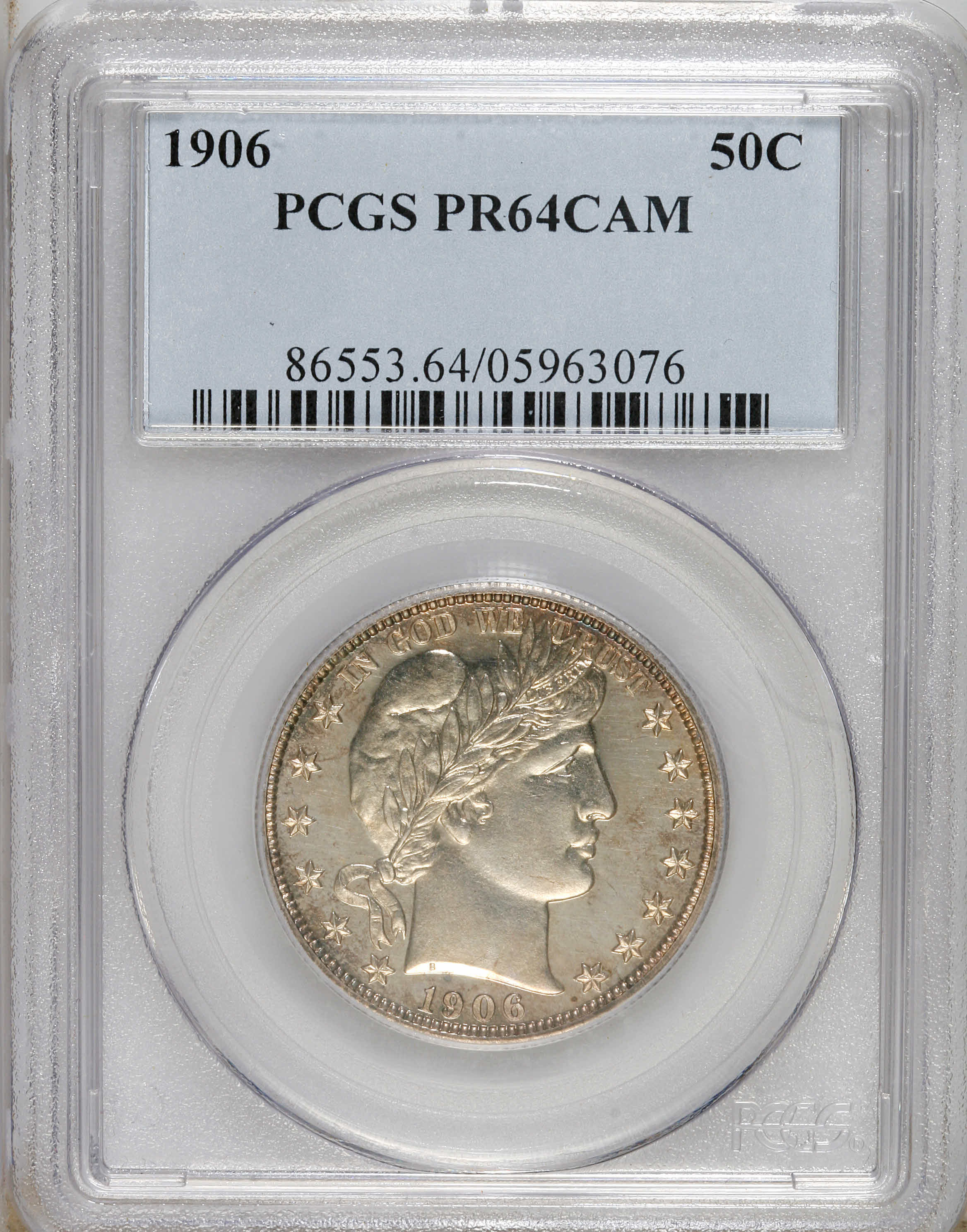 image for: 1906 50C PR64 Cameo PCGS. PCGS and NGC have certified more than 400 1906 proof half dollars (which saw a mintage of 675 pie...