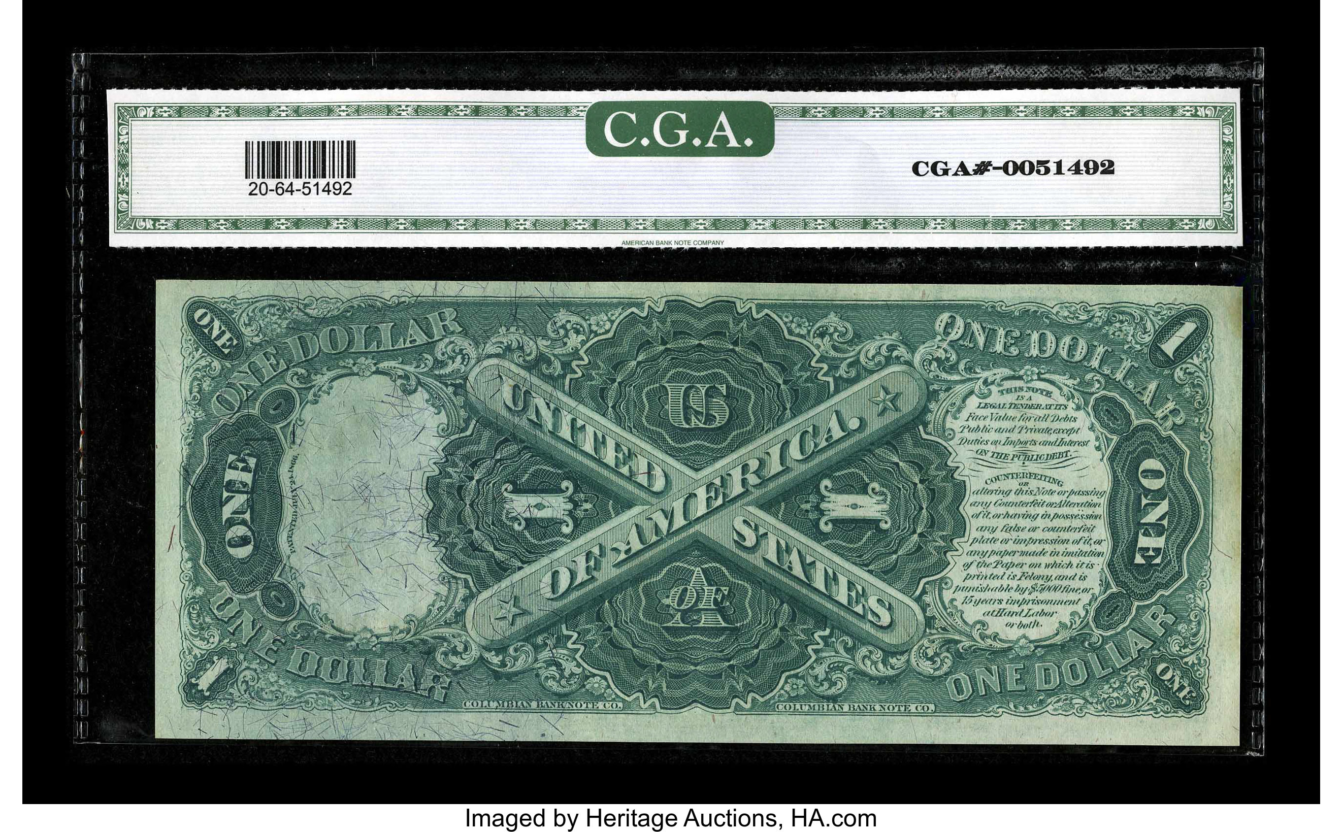 image for: Fr. 20 $1 1875 Legal Tender CGA Choice Uncirculated 64. A handsome example of this early Ace that appears to us to have been...