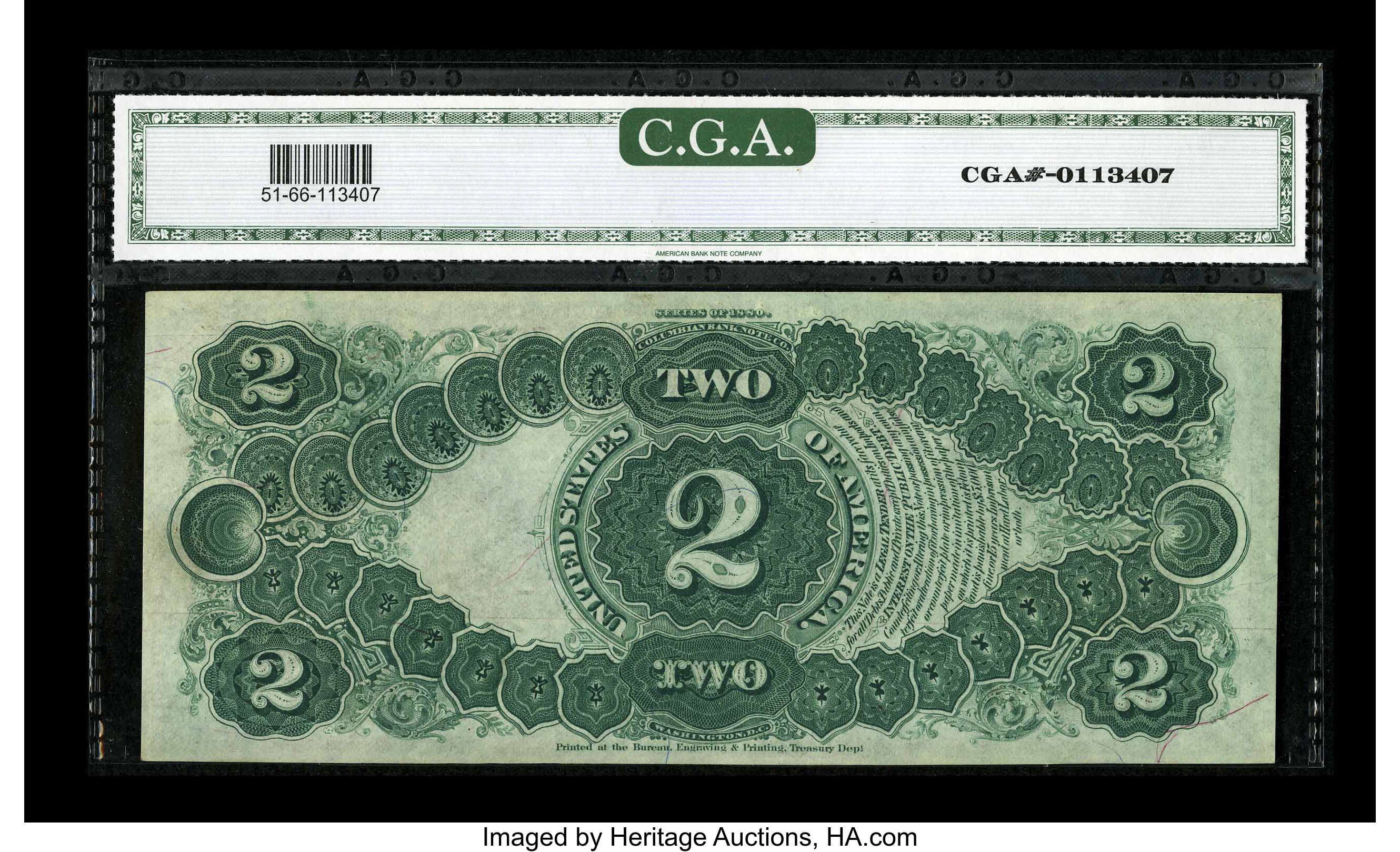 image for: Fr. 51 $2 1880 Legal Tender CGA Gem Uncirculated 66. Paper waves and pleasing color are noted through the holder....