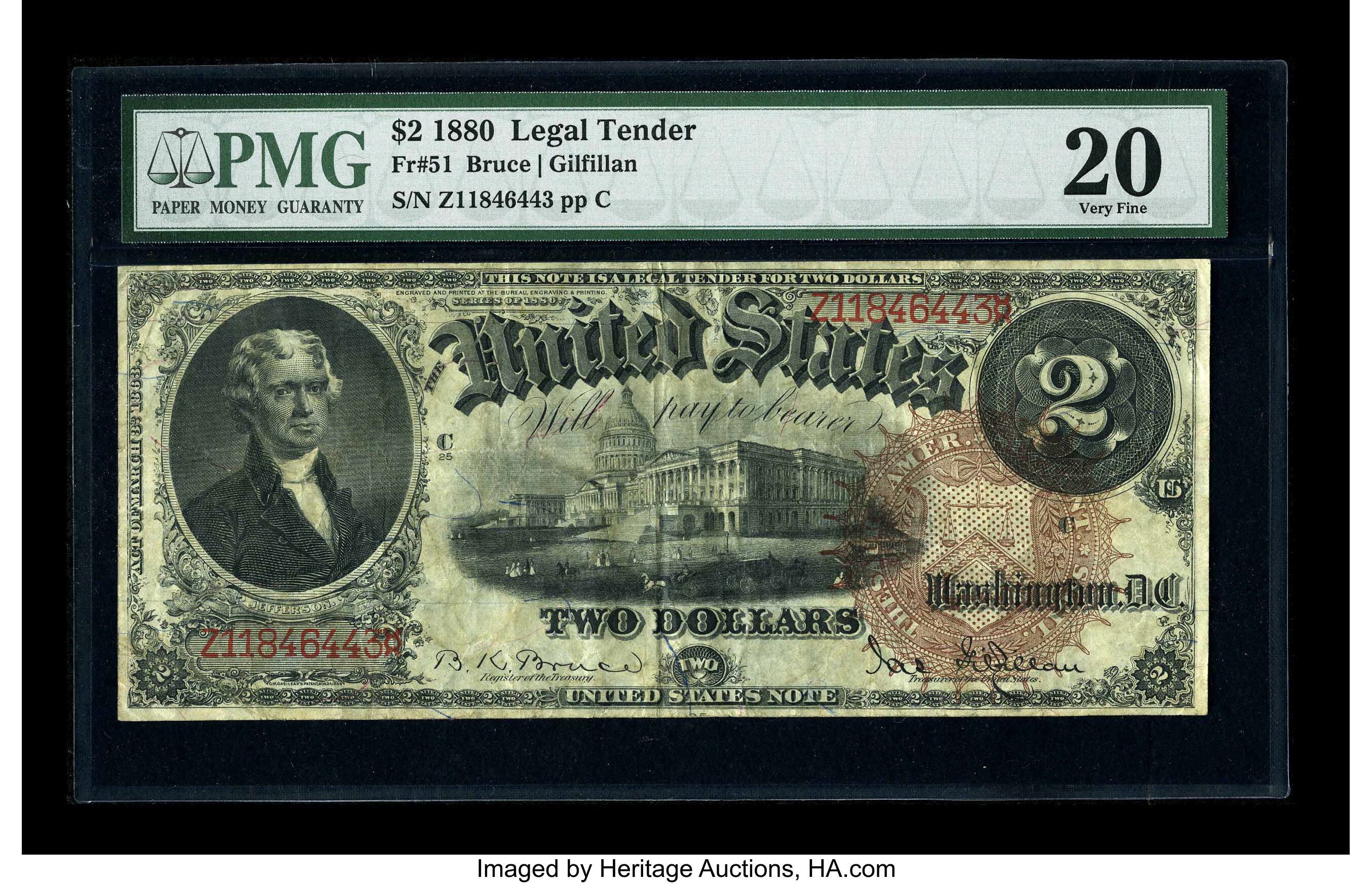 image for: Fr. 51 $2 1880 Legal Tender PMG Very Fine 20. This Deuce exhibits original surfaces....