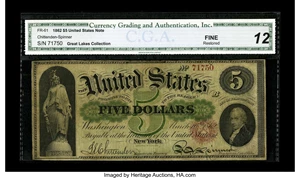 image for: Fr. 61 $5 1862 Legal Tender CGA Fine 12 Restored. From our 2006 Central States sale where it was described, "There are only ...