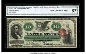 image for: Fr. 95b $10 1863 Legal Tender CGA Gem Uncirculated 67. From our 2006 Long Beach Signature sale where the catalog commented, ...