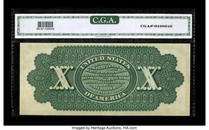 image for: Fr. 95b $10 1863 Legal Tender CGA Gem Uncirculated 67. From our 2006 Long Beach Signature sale where the catalog commented, ...