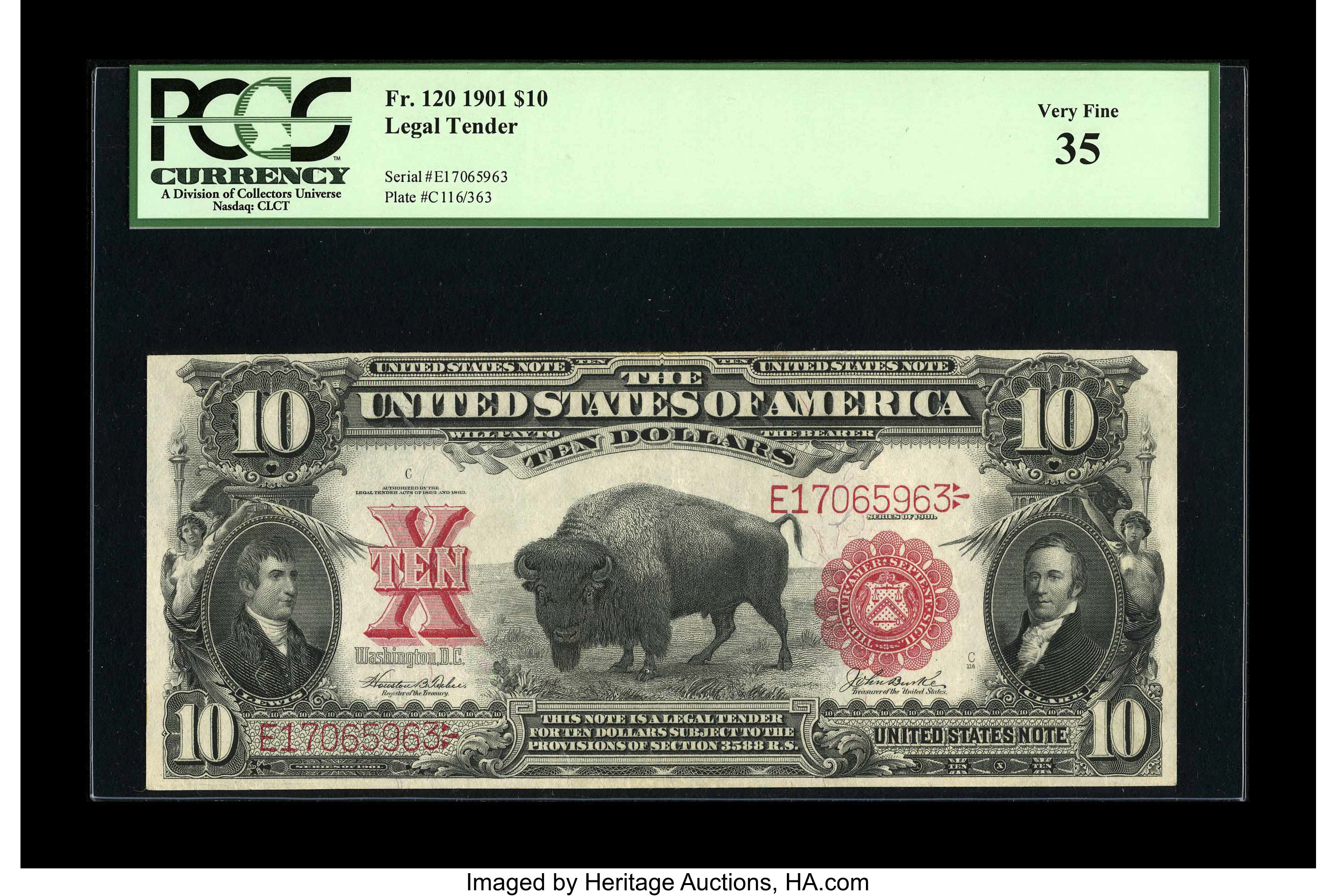 image for: Fr. 120 $10 1901 Legal Tender PCGS Very Fine 35. This boldly colored Bison appears flawless through the third party holder....