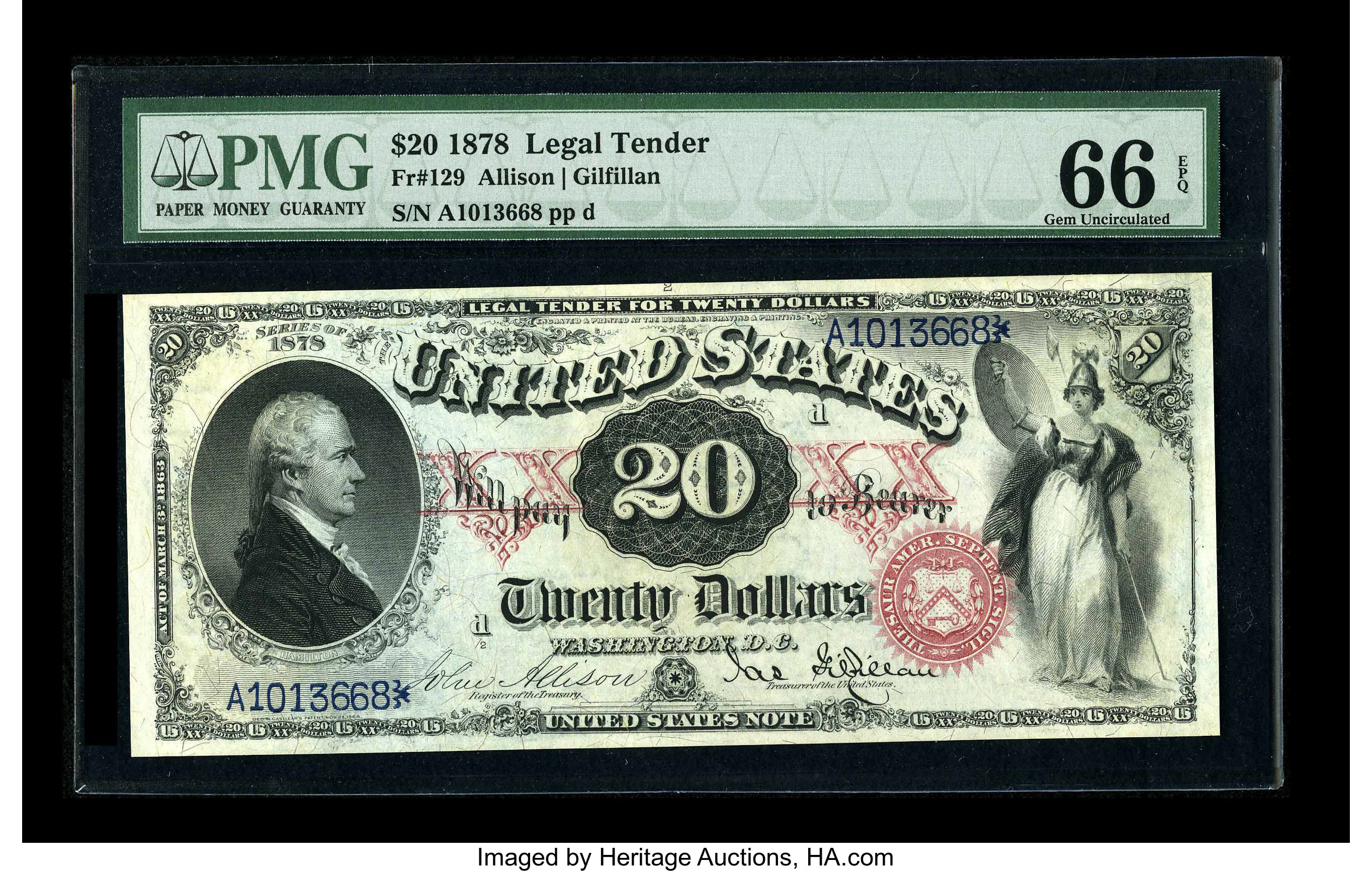image for: Fr. 129 $20 1878 Legal Tender PMG Gem Uncirculated 66 EPQ. This early $20 Legal is hugely margined on the face with excellen...