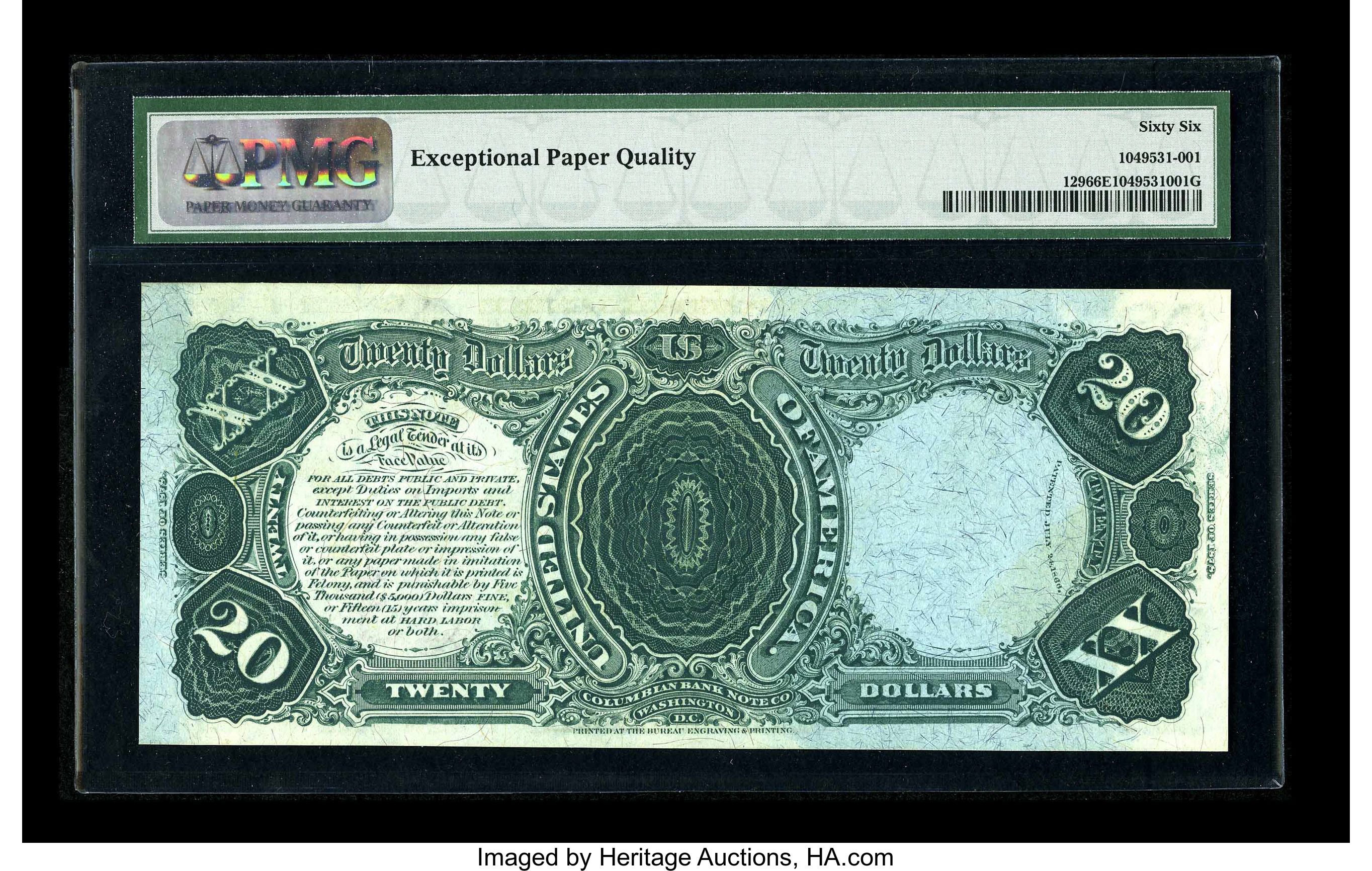 image for: Fr. 129 $20 1878 Legal Tender PMG Gem Uncirculated 66 EPQ. This early $20 Legal is hugely margined on the face with excellen...