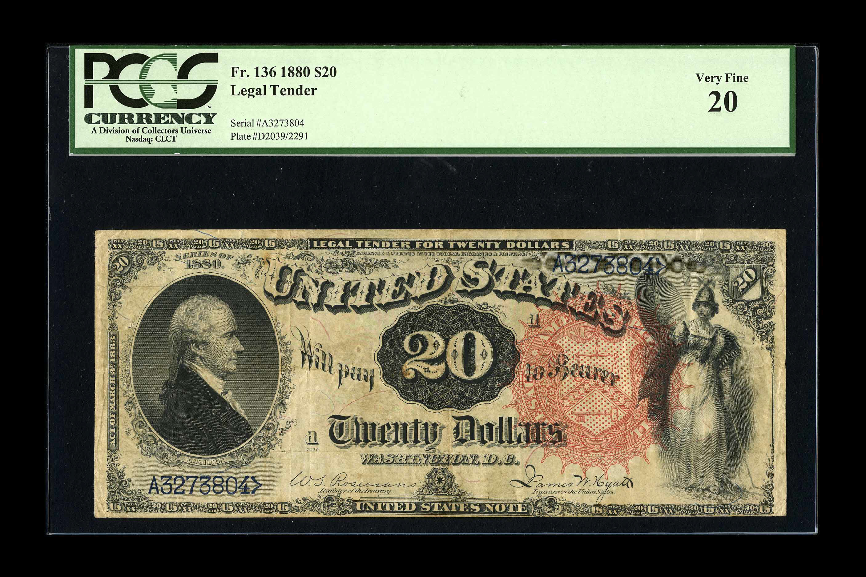 image for: Fr. 136 $20 1880 Legal Tender PCGS Very Fine 20. This is our description of this note before it was third-party graded, "Thi...