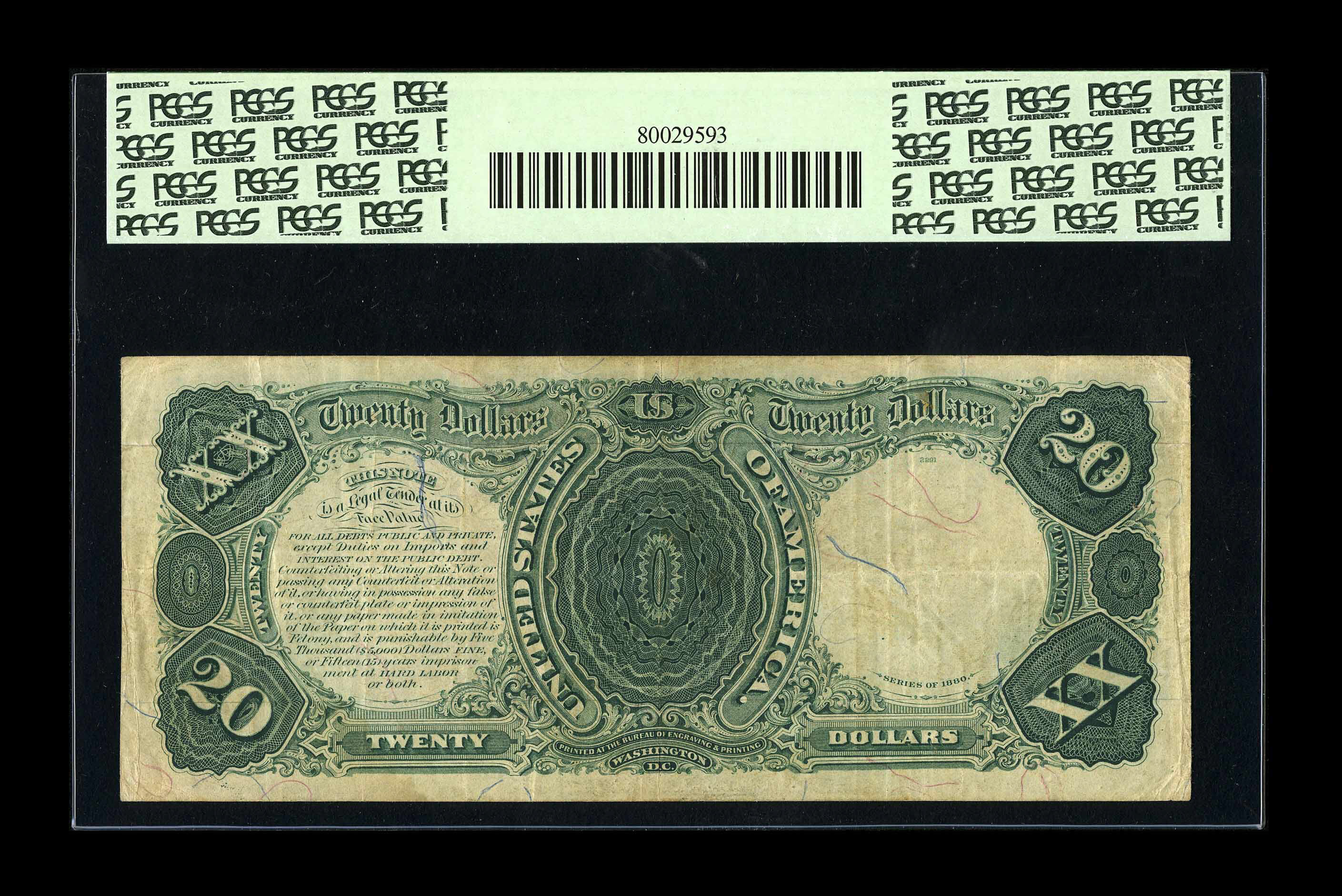 image for: Fr. 136 $20 1880 Legal Tender PCGS Very Fine 20. This is our description of this note before it was third-party graded, "Thi...