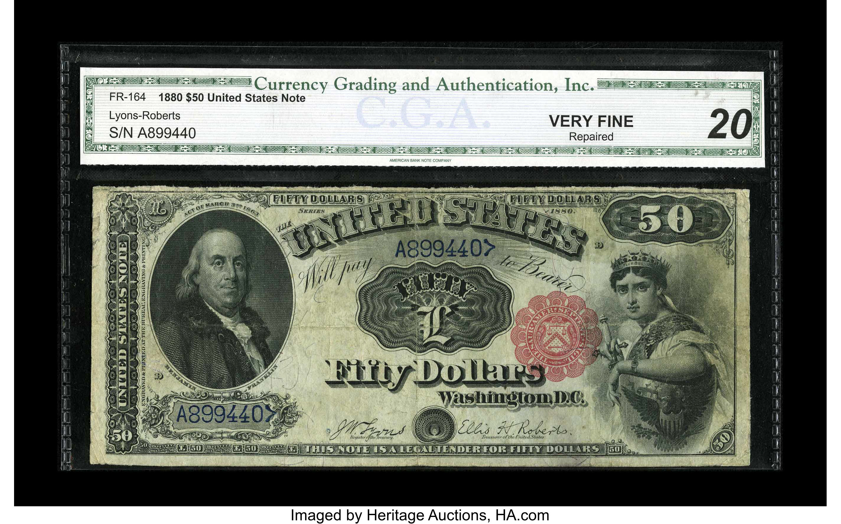 image for: Fr. 164 $50 1880 Legal Tender CGA Very Fine 20 Repaired. Three corner tips have been replaced outside the design area, and t...