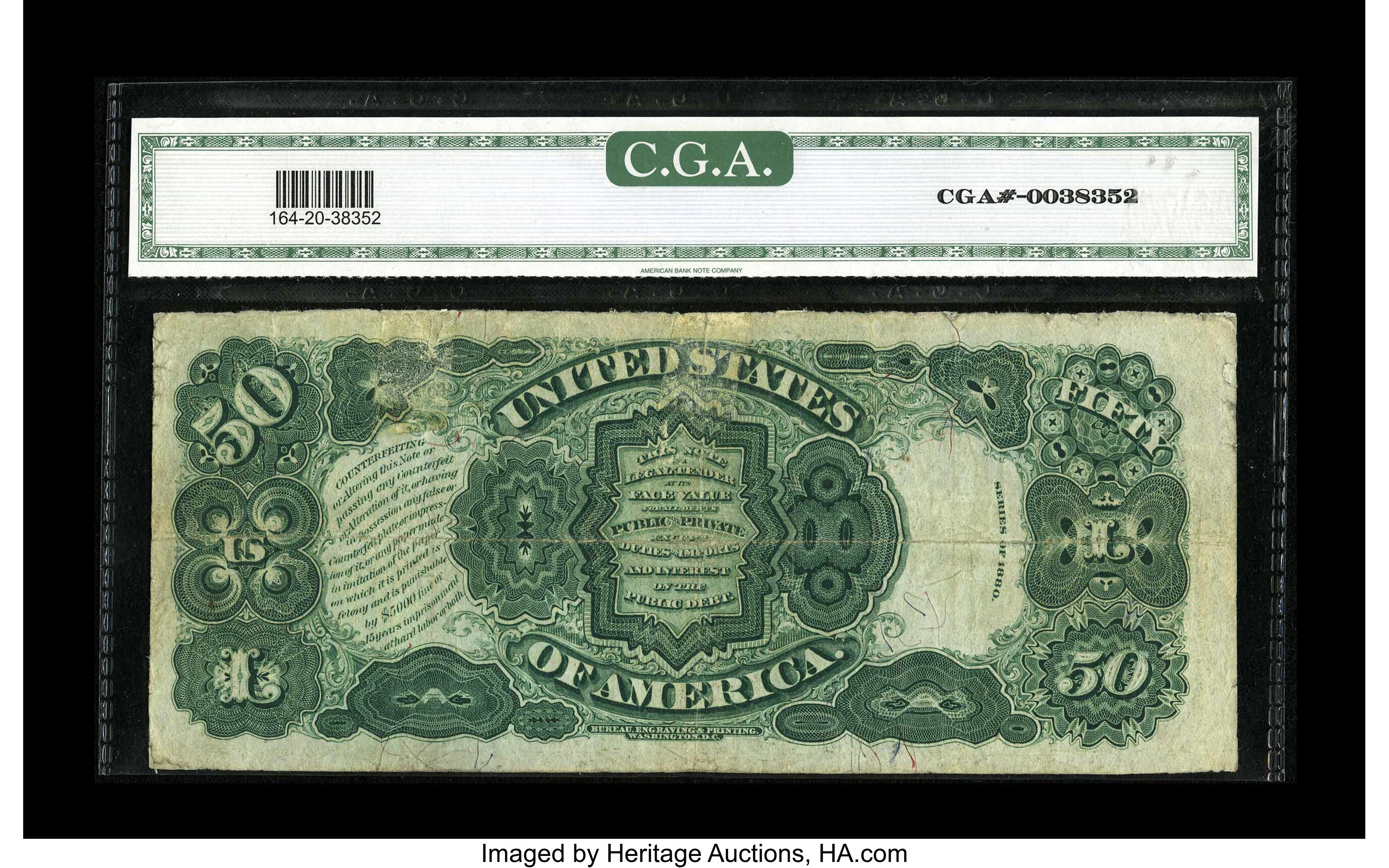 image for: Fr. 164 $50 1880 Legal Tender CGA Very Fine 20 Repaired. Three corner tips have been replaced outside the design area, and t...