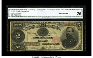image for: Fr. 355 $2 1890 Treasury Note CGA Very Fine 25. Greg purchased this mid-grade example out of our 2005 Long Beach sale.Fr...